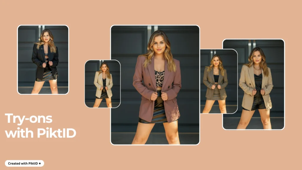 Eine mit PiktID erstellte Anprobe für formelle Outfits zeigt, wie professionelle Kleidung digital visualisiert werden kann. Die Funktion erleichtert Benutzern die Vorschau von Business- und Abendmode vor dem Online-Kauf.