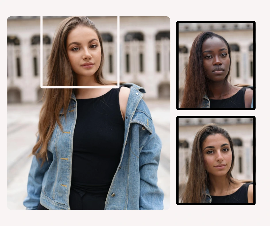 Mit drei nebeneinander stehenden Bildern eines jungen Mädchens in einer Jeansjacke mit vertauschten Gesichtern. Dieser Vergleich zeigt, wie die KI bei verschiedenen Transformationen natürliche Ausdrücke und Hauttöne beibehält.