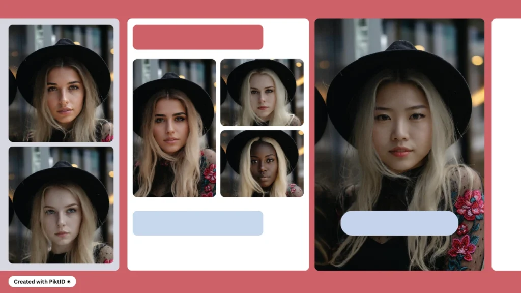 Eine Frau in einem geblümten Top und einem schwarzen Hut mit einer Nahaufnahme des vertauschten Gesichts. Dieses Beispiel zeigt, wie das Tool neue Gesichtszüge nahtlos einfügt und gleichzeitig das ursprüngliche Outfit und die Accessoires beibehält.