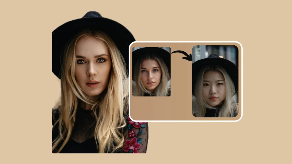 Transformation eines jungen blonden Mädchens mit natürlich verblendetem Gesichtstausch. Das Beispiel veranschaulicht, wie die KI hohe Realismuswerte bei Hauttönen, Beleuchtung und subtilen Gesichtsdetails erreicht.