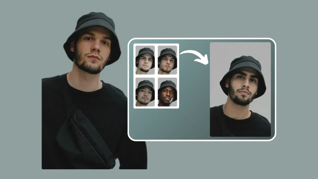 Das Bildraster der AI Face Swap API zeigt mehrere vertauschte Versionen eines jungen Mannes in Schwarz. Die Ergebnisse zeigen, wie die KI verschiedene Variationen erzeugen kann, ohne dass Outfit und Stil des Probanden verloren gehen.