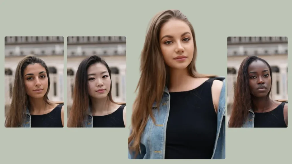 Die Demonstration von PiktID zeigt mehrere junge Frauen mit vertauschten Gesichtszügen, die Jeansjacken und schwarze Oberteile tragen.