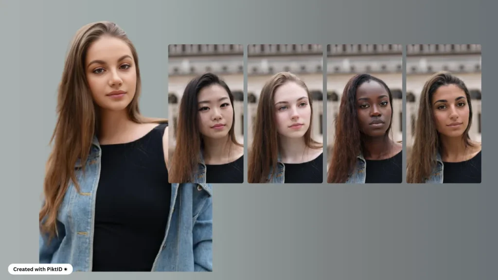 Mit einer jungen Frau in einer Jeansjacke und verschiedenen vertauschten Gesichtern, die neben dem Original angezeigt werden.