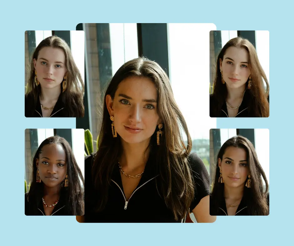 Retratos generados por IA de una joven con un vestido negro y pendientes de oro, con cinco variaciones diferentes. Una herramienta virtual de prueba de moda muestra la diversidad de atuendos y estilos mediante inteligencia artificial.