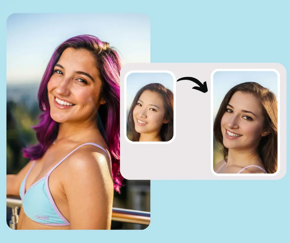Tecnología de IA para el intercambio de rostros aplicada a una mujer en bikini, transformando su apariencia en diferentes identidades. La herramienta muestra cómo la inteligencia artificial puede generar cambios faciales realistas para fotos.