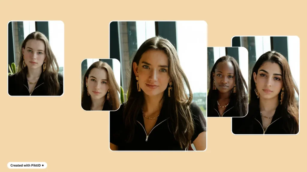 Imágenes creadas por IA de una joven con un traje negro y joyas, presentadas en múltiples variaciones. El generador de modelos virtuales muestra la transformación de la identidad y el estilo de los atuendos con resultados realistas.