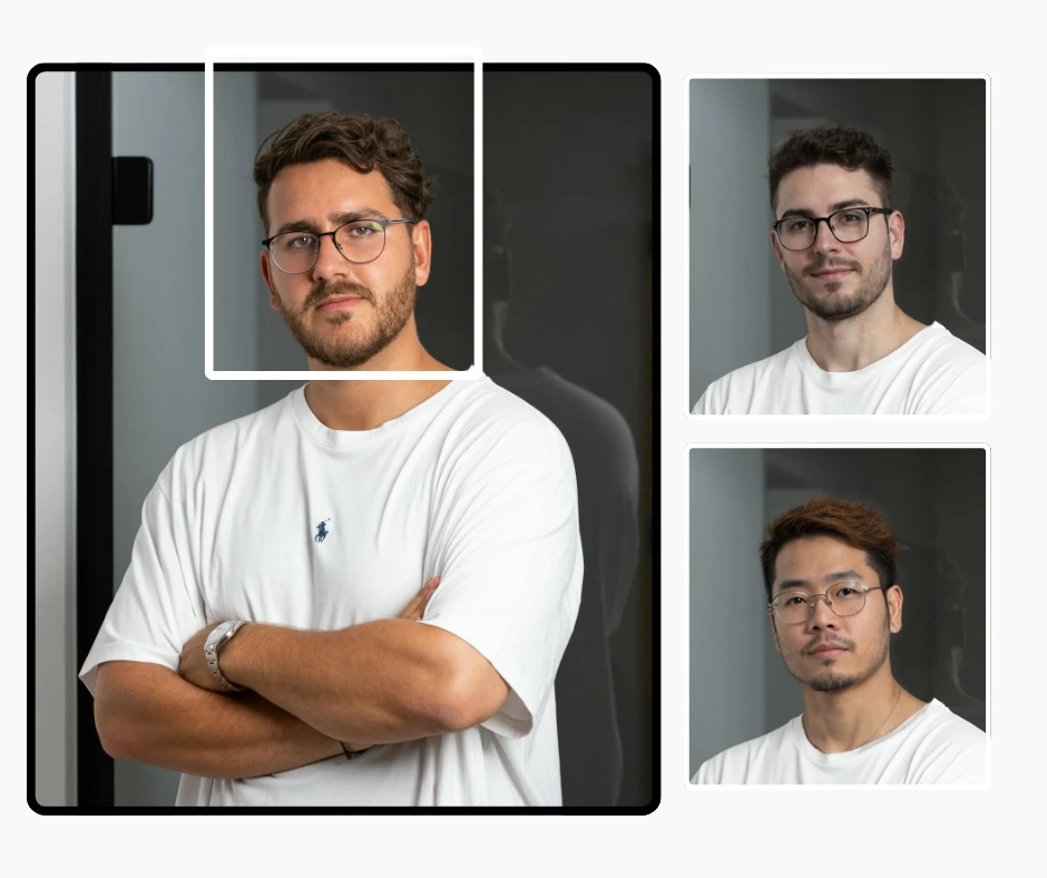 Retratos de IA que muestran tres caras realistas diferentes de hombres jóvenes con camisetas blancas informales, cada uno con anteojos y vello facial claro, capturados en un ambiente interior moderno con fondos neutros.