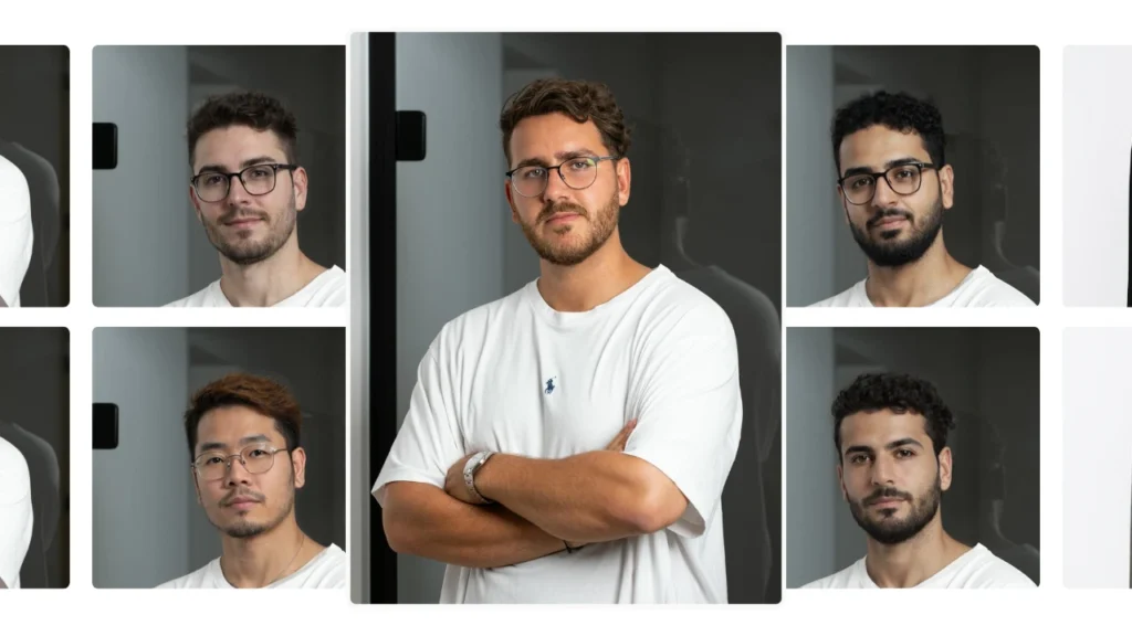 Cuadrícula de fotos de un modelo de IA que presenta cinco retratos realistas de un joven que viste una camiseta blanca informal, gafas y barba clara, mostrado con diferentes peinados y expresiones faciales en un estudio interior.