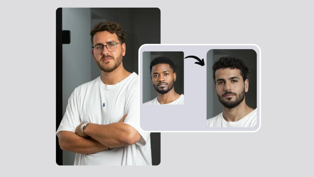 Generando modelos de IA usando PiktID, 3 imágenes de un hombre con las manos cruzadas vistiendo una camiseta blanca de cuello redondo a la izquierda y en el centro cambiando identidades a diferentes etnias