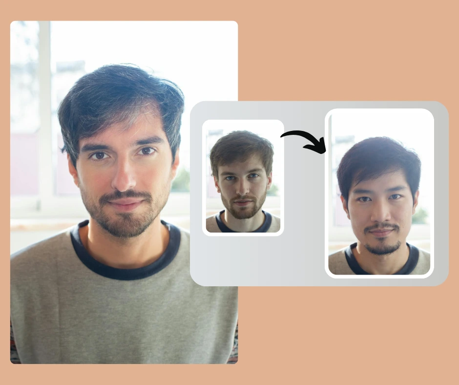 Varias variaciones faciales generadas por IA de un modelo masculino vestido con un atuendo gris, que demuestra una moda casual masculina versátil y una generación de estilo impulsada por IA.