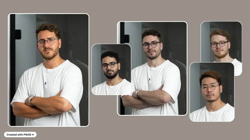 Colección de imágenes generadas por IA que presentan a un modelo masculino con una camiseta blanca clásica, que muestra los conceptos básicos esenciales del guardarropa masculino y un estilo de moda versátil.