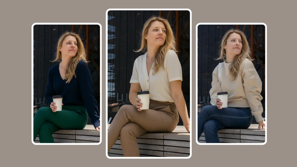 KI-generiertes Modell einer blonden Frau, die in drei verschiedenen Freizeitoutfits im Freien sitzt und eine Kaffeetasse hält. Jeder Look zeigt verschiedene Oberteile und Hosen und unterstreicht die modische Vielseitigkeit