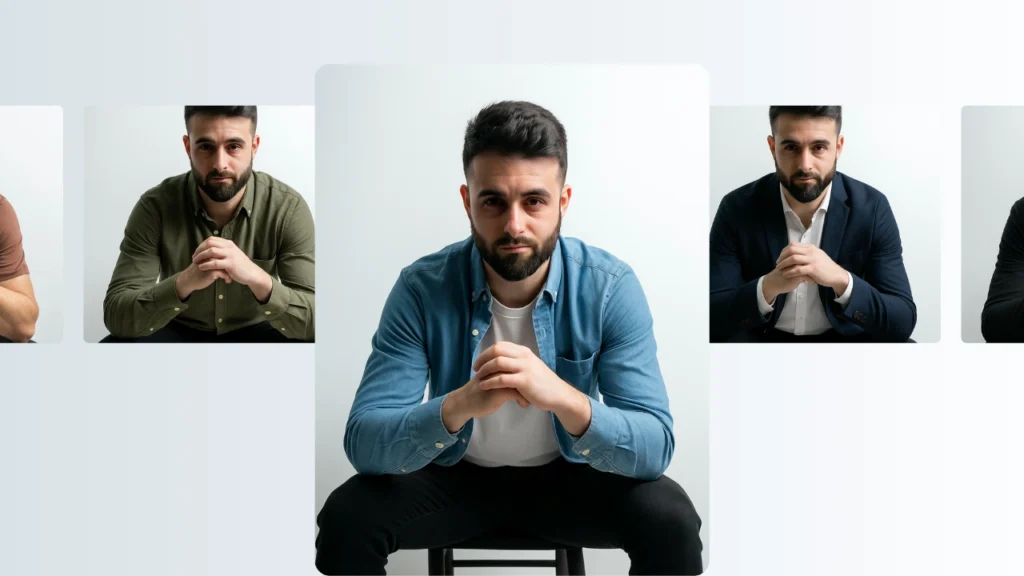 Männliches KI-Model mit Bart posiert in drei verschiedenen Outfits, darunter Freizeit- und Abendgarderobe. Das Bild zeigt, wie digitale Models verschiedene Modestile darstellen können.