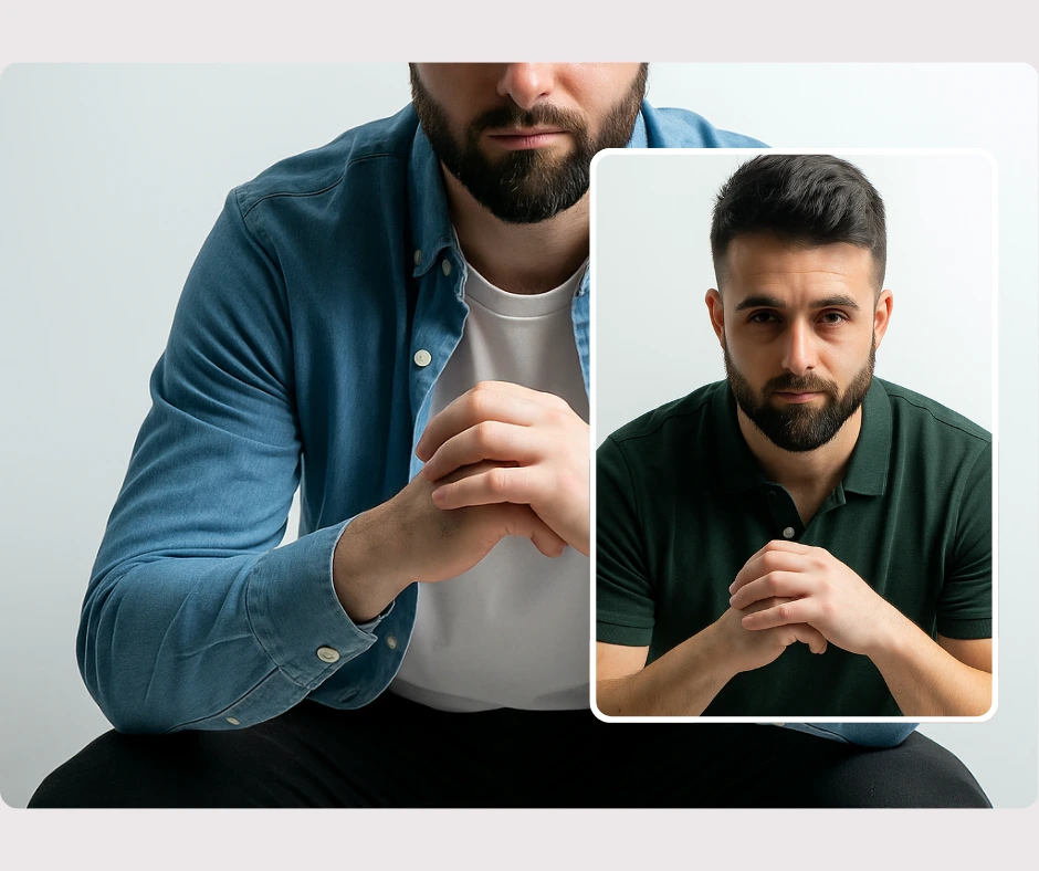 Männliches Model mit Bart im lässigen Outfit, hervorgehoben durch zusätzliche Look-Variationen. Das Design betont moderne Herrenmode durch digitale Kleidungssimulationen.