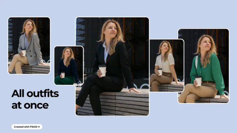 Blondes weibliches Model trägt mehrere stylische Outfits im Lookbook-Format. Die Collage zeigt lässige, Business- und trendige Styles für vielseitige Damenmode.