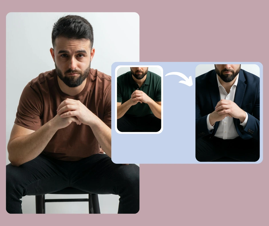 Ein Modemodel zeigt, wie die digitale Outfit-Generierung mit mehreren Stilvarianten funktioniert. Das Bild demonstriert den Übergang von Freizeit- zu Abendkleidung mithilfe von KI-Kleidungsmodellen.