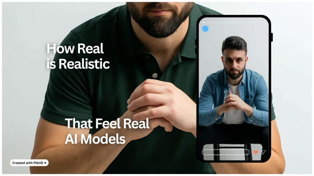 Männliches Model mit Bart, dargestellt in einer mobilen Bildschirmvorgabe in legerer und formeller Kleidung. Das Layout zeigt, wie KI-Modeanproben in sozialen Medien geteilt werden können.