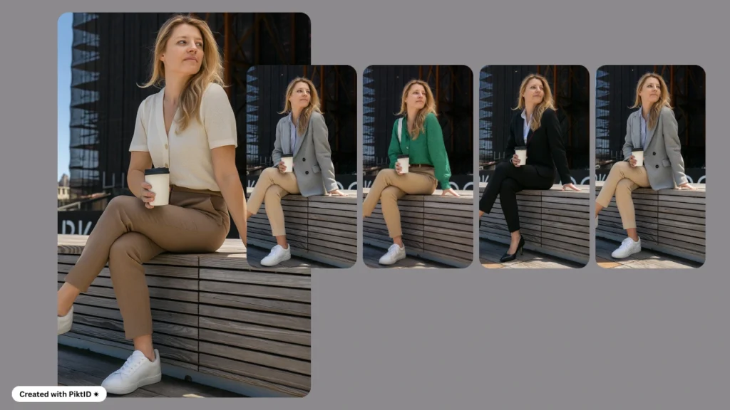 Das Model präsentiert verschiedene lässige und professionelle Outfits für Damen, darunter Blazer, Strickmode und Business-Kleidung. Die Variationen zeigen moderne, bürotaugliche und lässig-schicke Styles in neutralen Tönen und trendigen Schnitten.