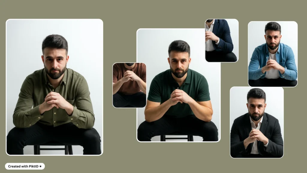 Männliches Model mit Bart in verschiedenen Outfitvarianten, vom Freizeithemd bis zum formellen Blazer. Die Kleidungsübergänge zeigen vielseitige Herrenmode, die sich für Freizeit, Business und berufliche Anlässe eignet.