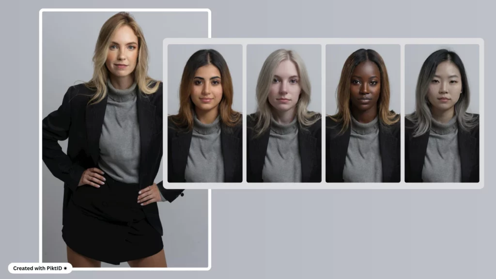 Intercambio corporal de IA de una mujer joven con un top gris y una falda negra con un blazer negro, transformada en cinco identidades faciales diferentes, que muestra la tecnología de reemplazo facial impulsada por IA de PiktID para modelaje de moda.