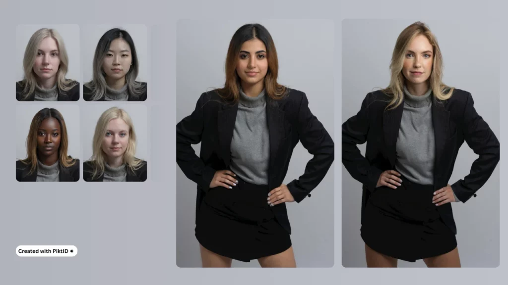 Mujer rubia de pie con confianza con una falda y un blazer negros, con tres variaciones de intercambio de cuerpo generadas por IA creadas mediante IA de intercambio de cuerpo para una transformación facial realista.