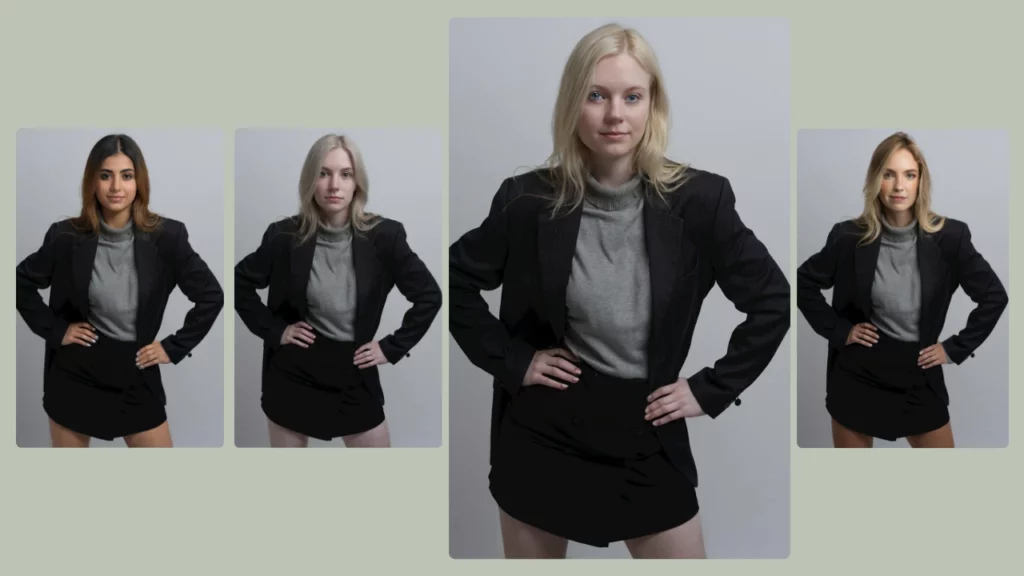 Mujer joven con falda negra, top gris y blazer posando con confianza con las manos en las caderas, con múltiples caras de intercambio de cuerpo generadas por IA creadas con PiktID para marca profesional.