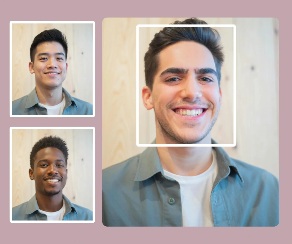 Primer plano de una mujer joven sonriendo con un atuendo blanco y gris con intercambios de rostros realistas que muestran la transformación de la identidad mediante inteligencia artificial de intercambio de cuerpo, ideal para imágenes de perfil o de marca.