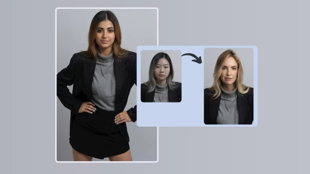 Mujer joven con atuendo semiformal posando con confianza mientras muestra la transformación de rostro antes y después utilizando la herramienta Intercambio de PiktID.