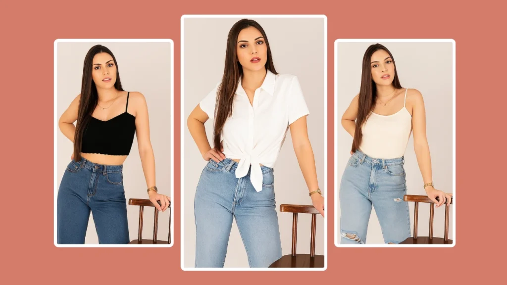 Cambiador de atuendo de IA que muestra tres variaciones de una mujer joven con atuendos casuales, generados usando la herramienta de IA de cambio de ropa de PiktID.