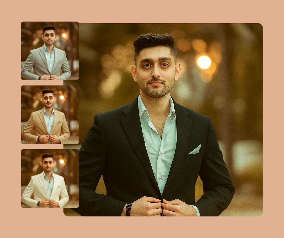 Intercambio de ropa generado por IA que muestra tres atuendos formales diferentes en la misma modelo femenina utilizando la tecnología de IA de cambio de ropa de PiktID.