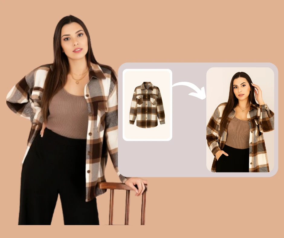 Intercambio de ropa con IA de alta calidad que demuestra los mejores resultados de reemplazo de atuendo en una modelo femenina con detalles de tela realistas.