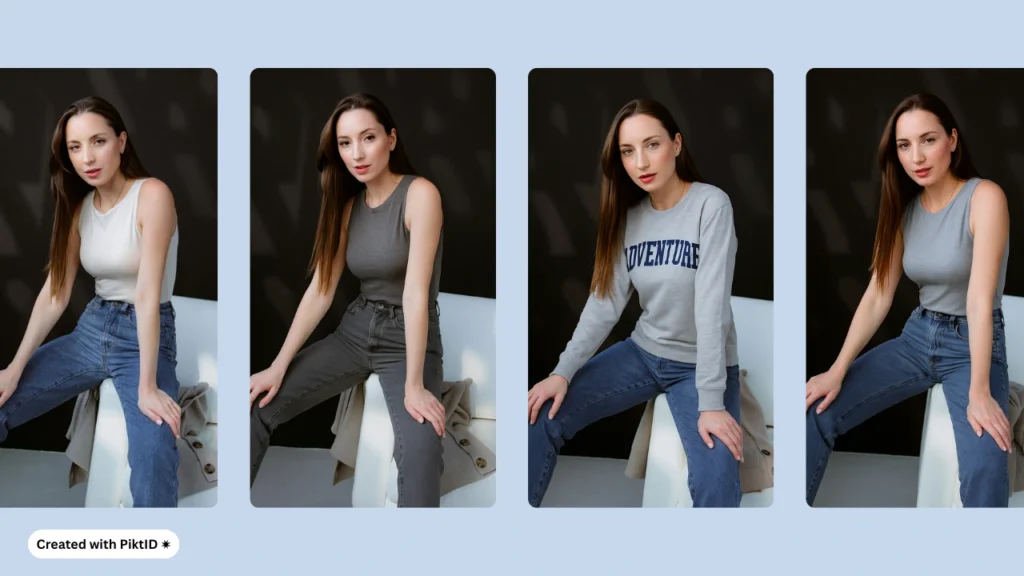 Intercambio de atuendos de IA que muestra una modelo femenina con ropa informal, generado con la IA de cambio de ropa de PiktID para visualización de moda.