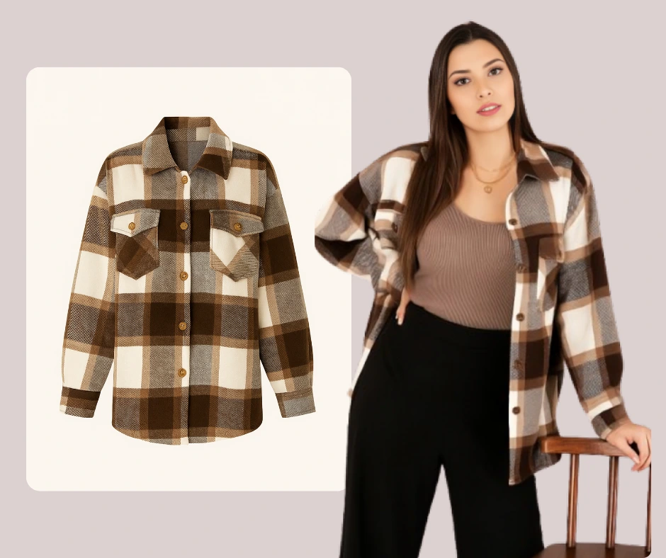 Cambiador de atuendo con inteligencia artificial que aplica una elegante camisa a cuadros a una modelo femenina joven, creado con la tecnología de cambio de ropa PiktID.