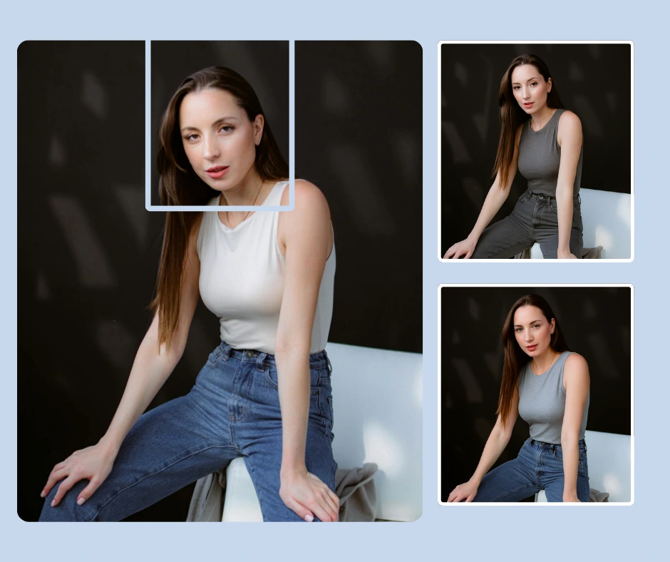 Retrato en primer plano de una modelo femenina con un atuendo informal generado a través de la herramienta de intercambio de ropa con inteligencia artificial de PiktID.