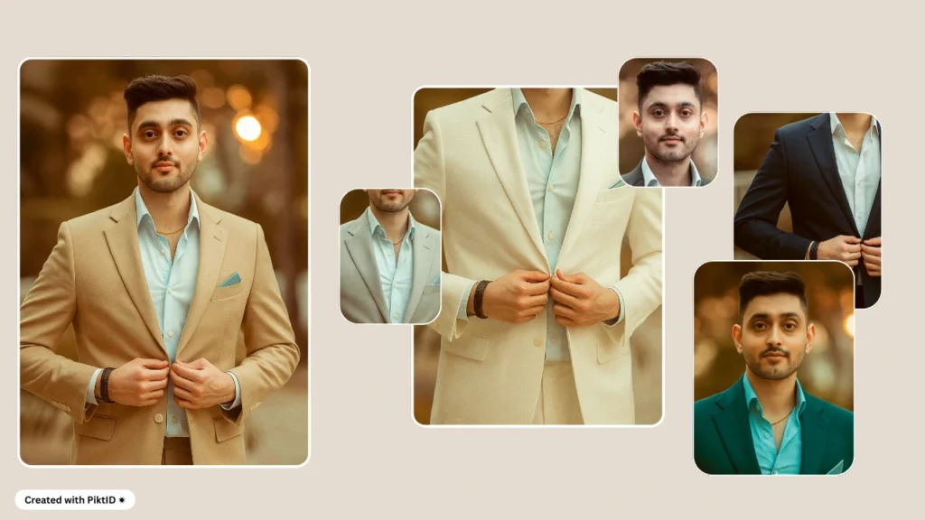 Collage de intercambio de ropa de IA que muestra a un modelo masculino con múltiples variaciones de atuendos formales utilizando tecnología PiktID.