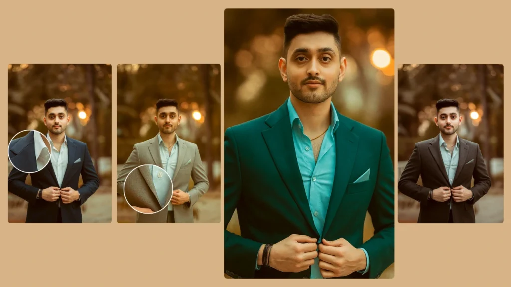 Imagen de moda mejorada generada por IA de un modelo masculino con un traje a medida, creada con el cambiador de atuendos de PiktID