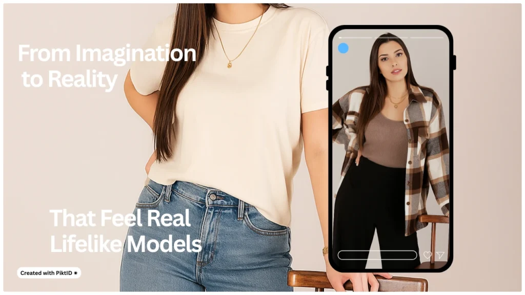Visualización de moda del concepto a la realidad utilizando la inteligencia artificial de cambio de ropa de PiktID, transformando ideas de atuendos en imágenes de modelos realistas.