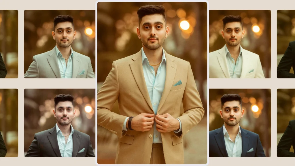Variaciones de atuendos formales para hombre generadas por IA, con trajes en beige, azul marino, gris y crema. El estilismo virtual facilita la selección de atuendos para looks profesionales.