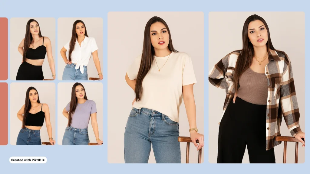 Pruebas de ropa con IA para una joven que combina blusas casuales y modernas con jeans. La herramienta muestra cómo los usuarios pueden visualizar los cambios de ropa en tiempo real.