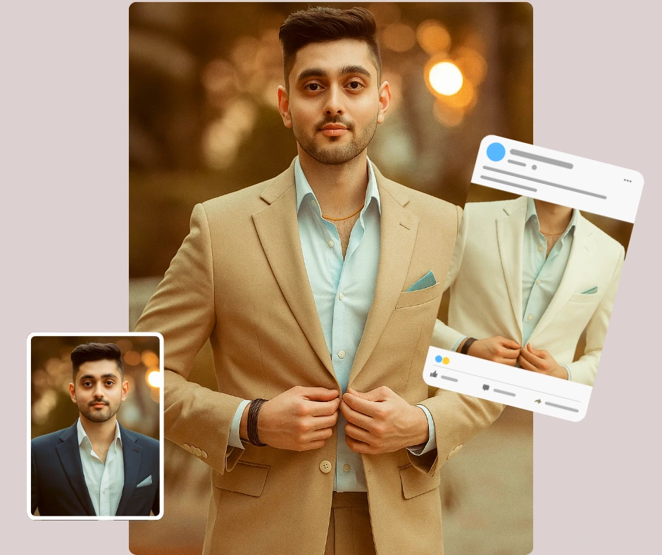Atuendo formal generado por IA para un hombre con traje beige, diseñado para compartir en redes sociales. La tecnología de moda virtual facilita la prueba y presentación de variaciones de atuendos en línea.