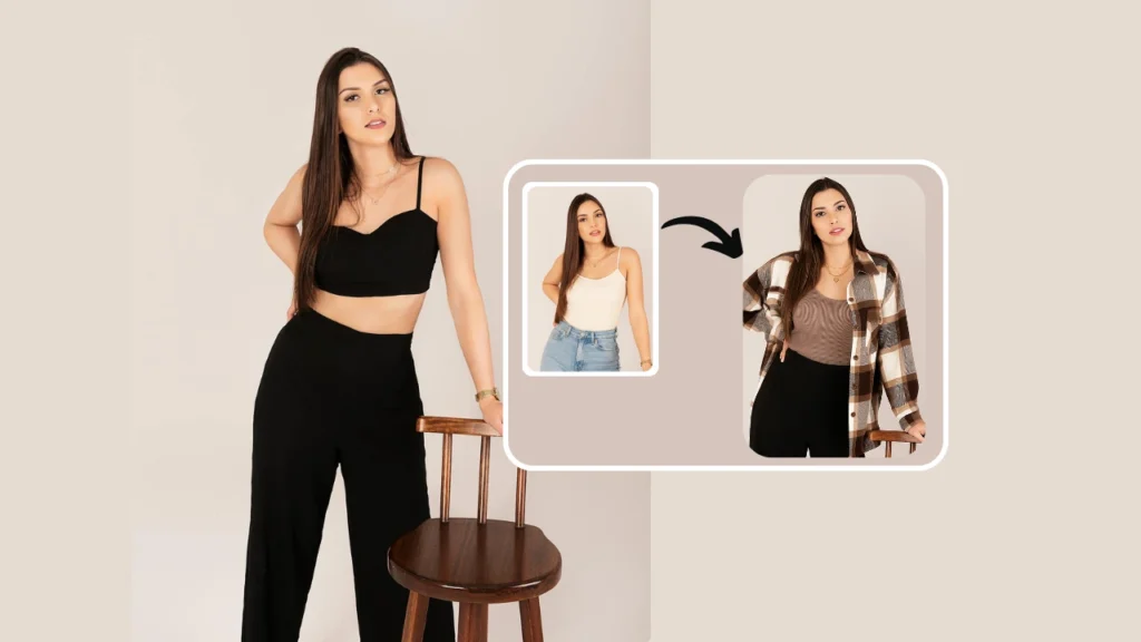 Función de intercambio de ropa con IA aplicada a una joven modelo posando junto a una silla. La herramienta transforma atuendos de blusas informales a estilos elegantes con capas sin problemas.