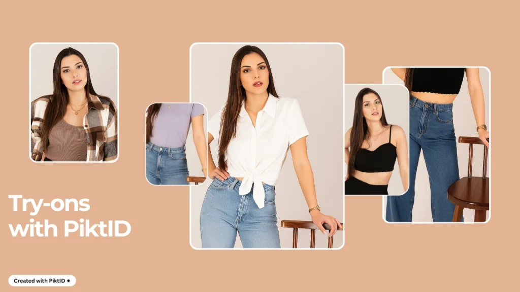 Herramienta de prueba con IA PiktID que muestra múltiples opciones de atuendos para mujer, desde jeans y tops casuales hasta looks chic y modernos. Perfecta para preestrenos de moda virtuales y estilismo online.