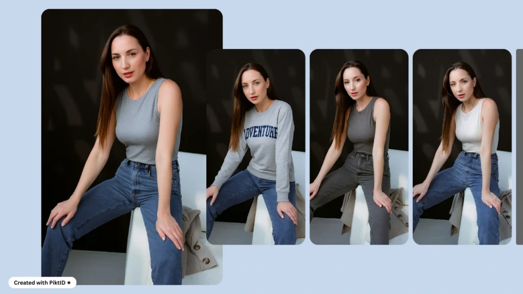 Generador de atuendos con IA que muestra a una joven sentada modelando blusas y jeans casuales. Las vistas previas virtuales de pruebas muestran diferentes estilos de camisas, incluyendo camisetas sin mangas y suéteres.