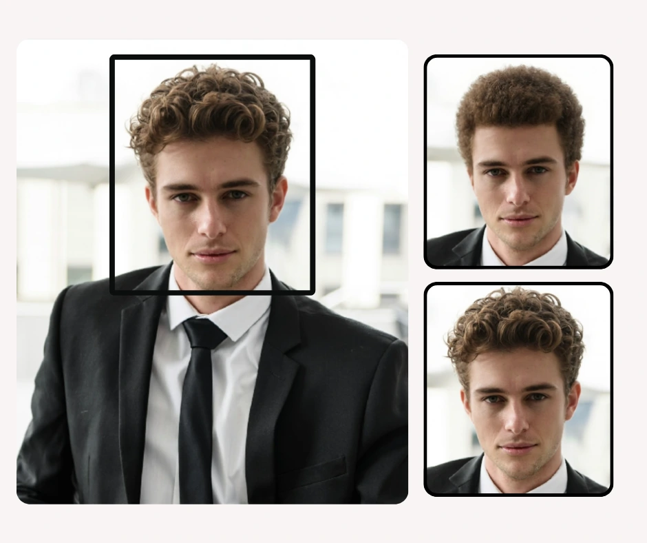 Junger Mann im schwarzen Anzug probiert verschiedene lockige und kurze Frisuren für einen professionellen Look aus. Virtuelles Frisurentool zeigt, wie er mit verschiedenen Haarschnittstilen aussieht.