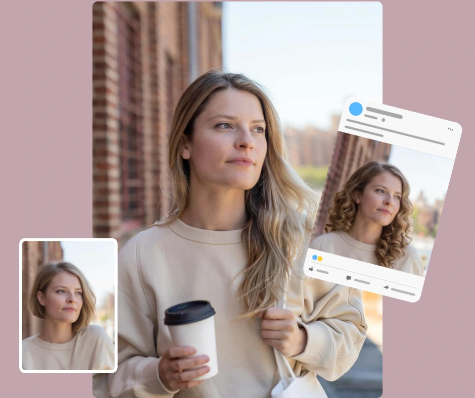 Frau hält im Freien eine Kaffeetasse und experimentiert mit verschiedenen virtuellen Frisuren, darunter kurzer Bob, welliges und langes lockiges Haar. PiktID zeigt realistische Transformationen für ein modernes Stil-Makeover.