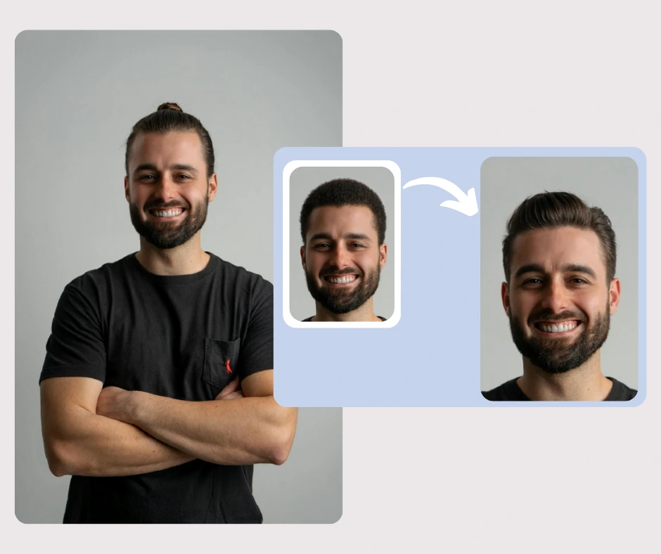 Lächelnder junger Mann im schwarzen T-Shirt probiert verschiedene Frisuren aus, darunter einen kurzen Afro und zurückgekämmte Haare. Die virtuelle Frisurentransformation zeigt, wie verschiedene Schnitte und Texturen sein Aussehen verändern.