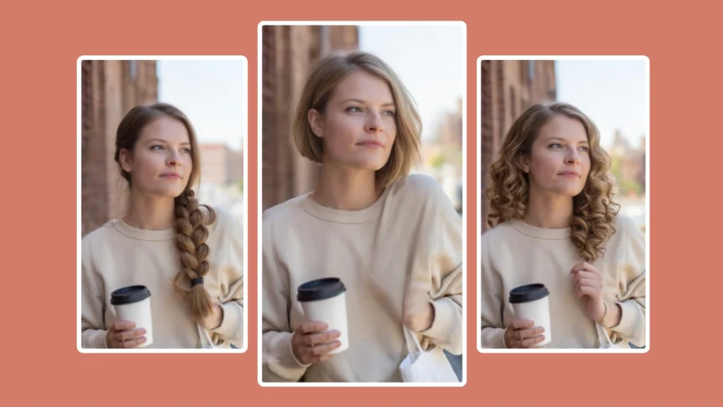 Eine blonde Frau mit Kaffeetasse und Einkaufstasche trägt verschiedene Frisuren. Die Variationen umfassen glatte, lockige und geflochtene Looks mit dem virtuellen Haarwechsler-Tool von PiktID.
