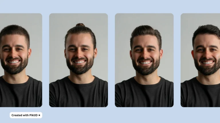 Un hombre sonriente se presenta con diferentes peinados virtuales en una cuadrícula. Esta imagen promocional demuestra el poder del probador de cabello virtual de PiktID.