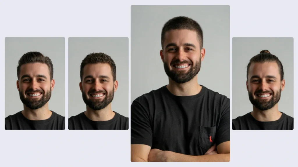 Ein Mann im schwarzen T-Shirt wird mit verschiedenen Frisuren gezeigt, darunter Dutt, Locken und Kurzhaarschnitte. Die Transformationen zeigen, wie einfach es ist, verschiedene Looks virtuell zu testen.