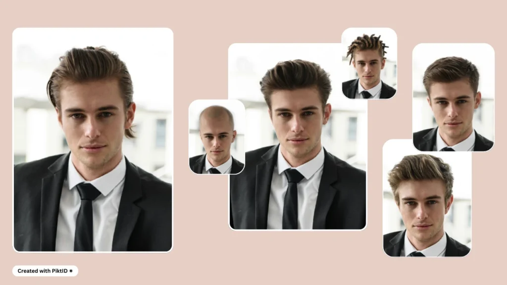 Ein junger Mann im schwarzen Anzug ist virtuell mit verschiedenen Frisuren gestylt, darunter Glatze, Dreadlocks, zurückgekämmte Frisuren und Kurzhaarschnitte. Die Collage zeigt die Vielfalt der Frisurenoptionen, die PiktID bietet.